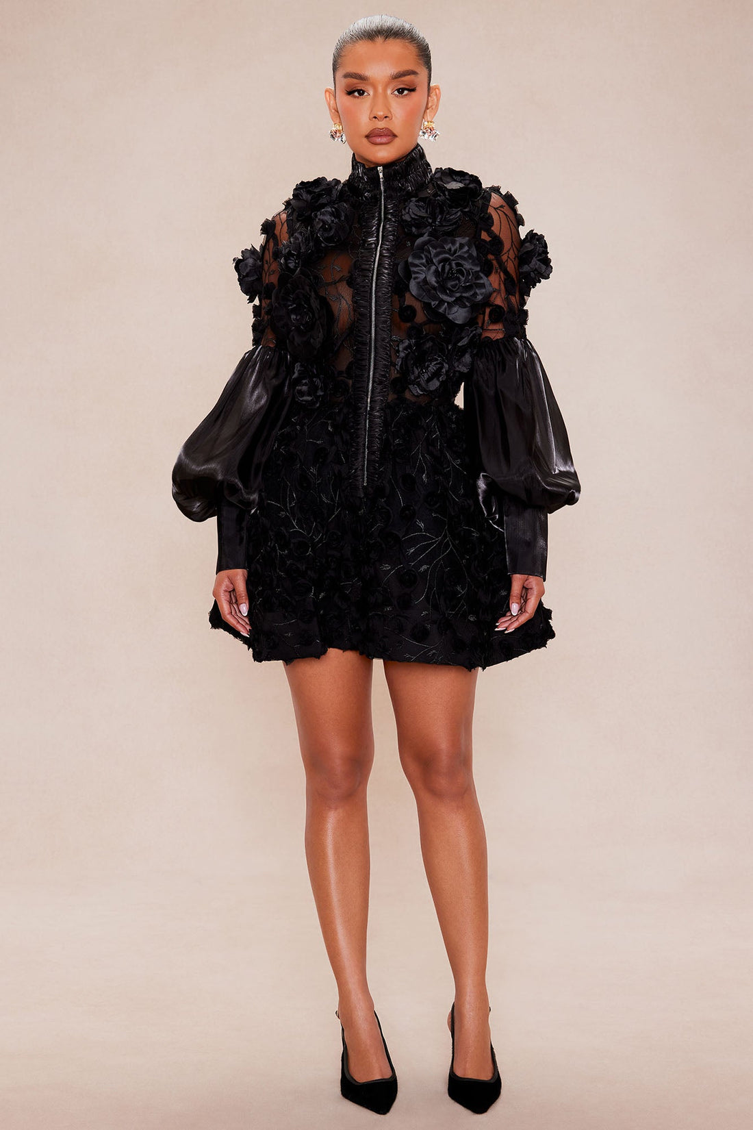 Raven Sheer Embroidered Mini Dress - Black