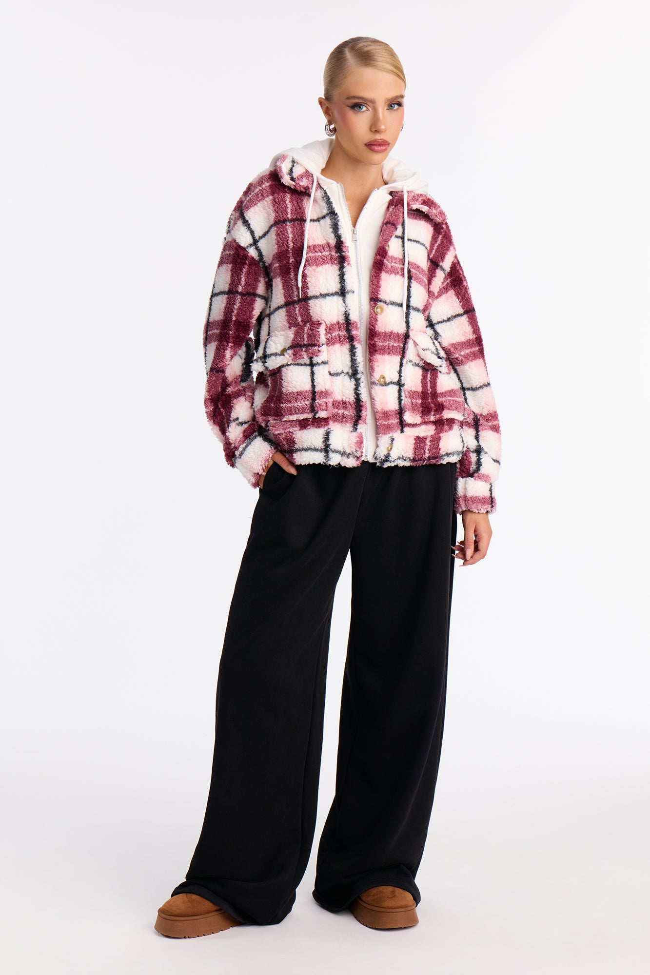 Out Of Town Plaid Sherpa Shacket - Pink/combo