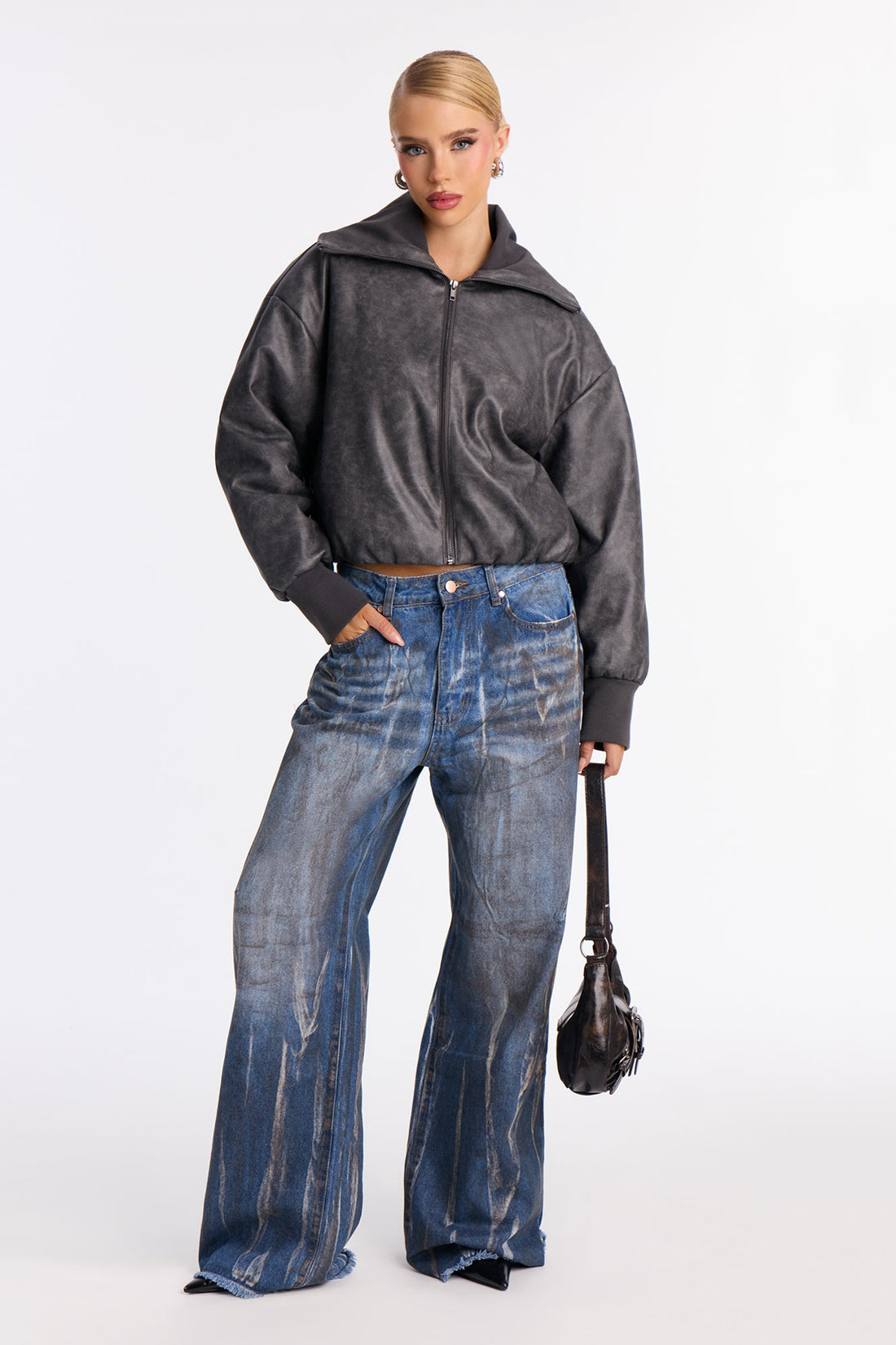 True Desire Washed Faux Leather Bomber Jacket - Charcoal