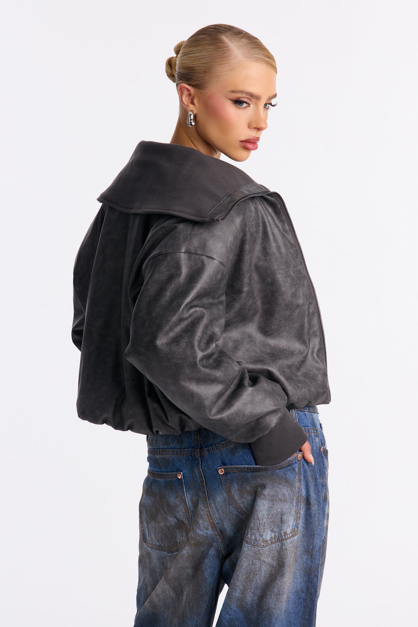 True Desire Washed Faux Leather Bomber Jacket - Charcoal