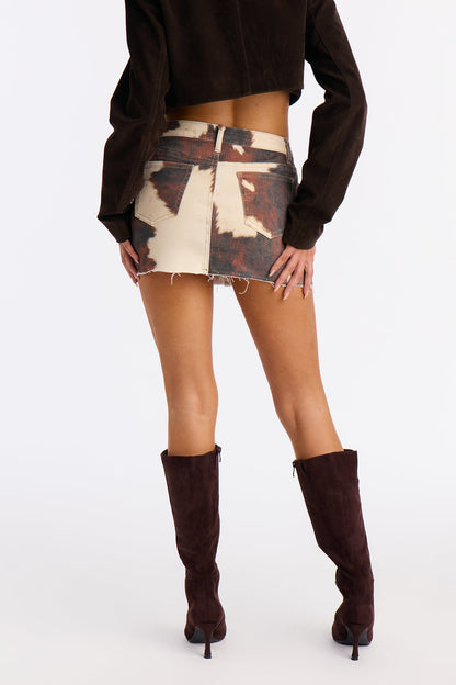 Not My First Rodeo Cow Print Denim Mini Skirt - Brown/combo