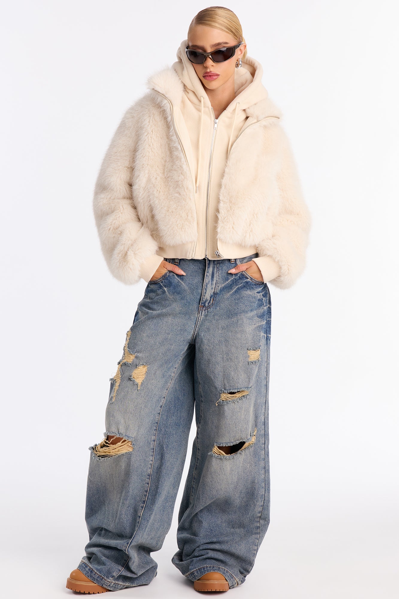 Cuddle Season Faux Fur Zip Up Hooded Coat - Beige