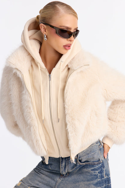 Cuddle Season Faux Fur Zip Up Hooded Coat - Beige