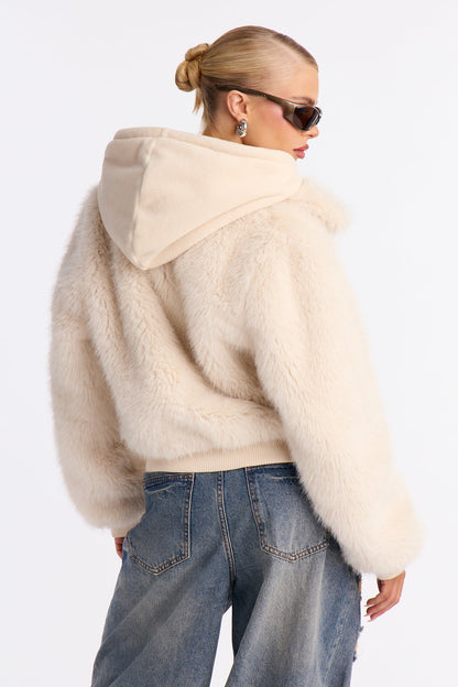 Cuddle Season Faux Fur Zip Up Hooded Coat - Beige