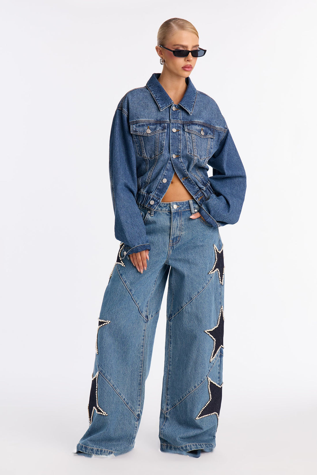 City Of Stars Embellished Wide Leg Jeans - Vintage Wash