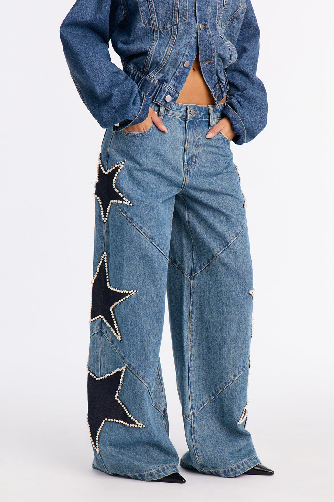 City Of Stars Embellished Wide Leg Jeans - Vintage Wash