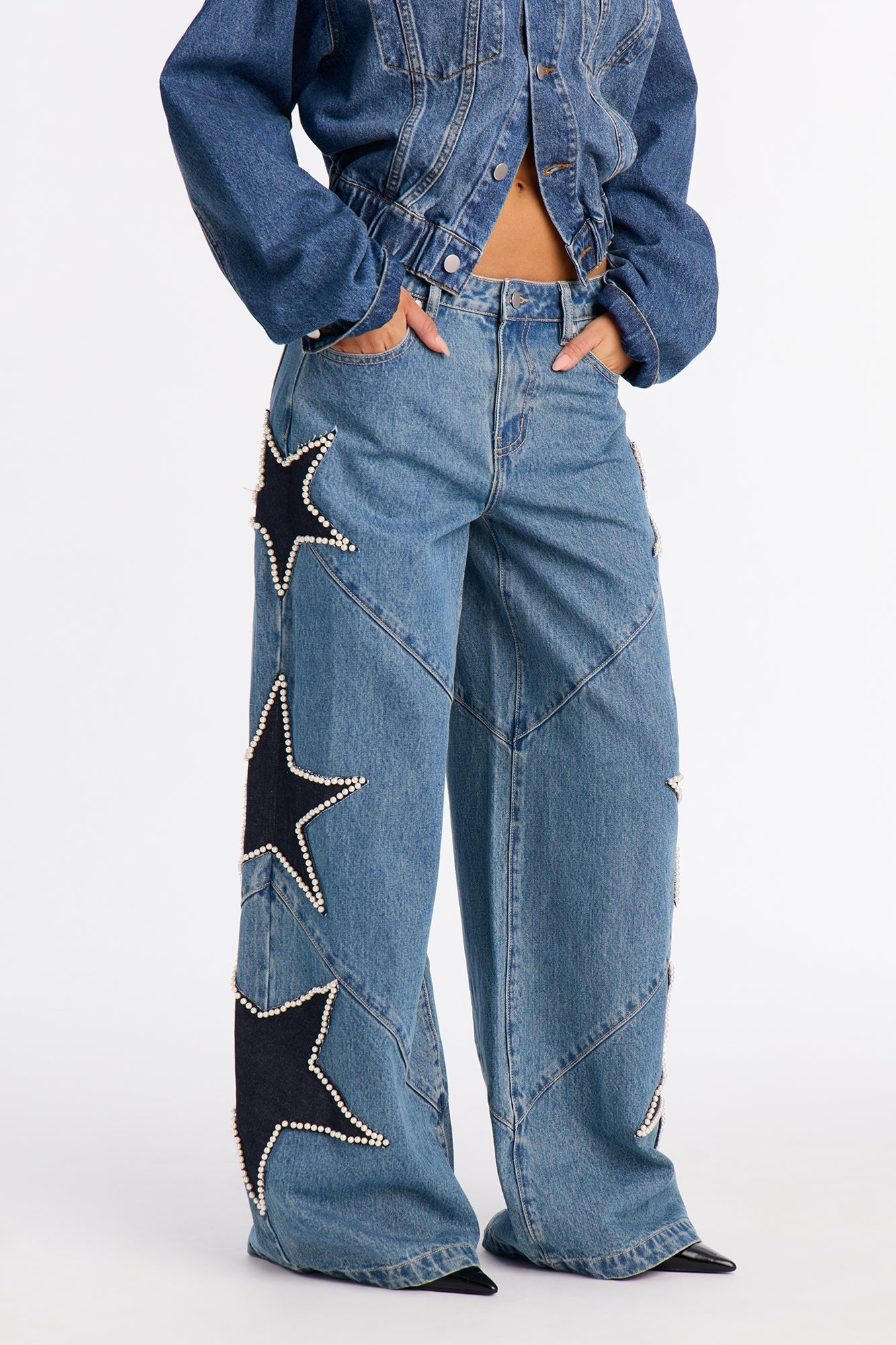City Of Stars Embellished Wide Leg Jeans - Vintage Wash