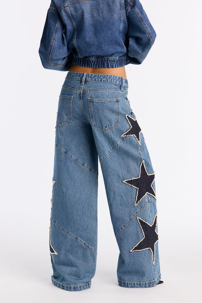 City Of Stars Embellished Wide Leg Jeans - Vintage Wash