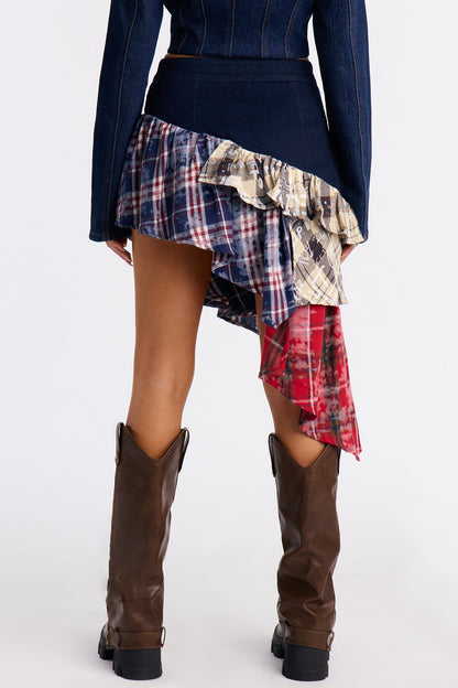 Caught Up Denim Tiered Plaid Midi Skirt - Multi Color