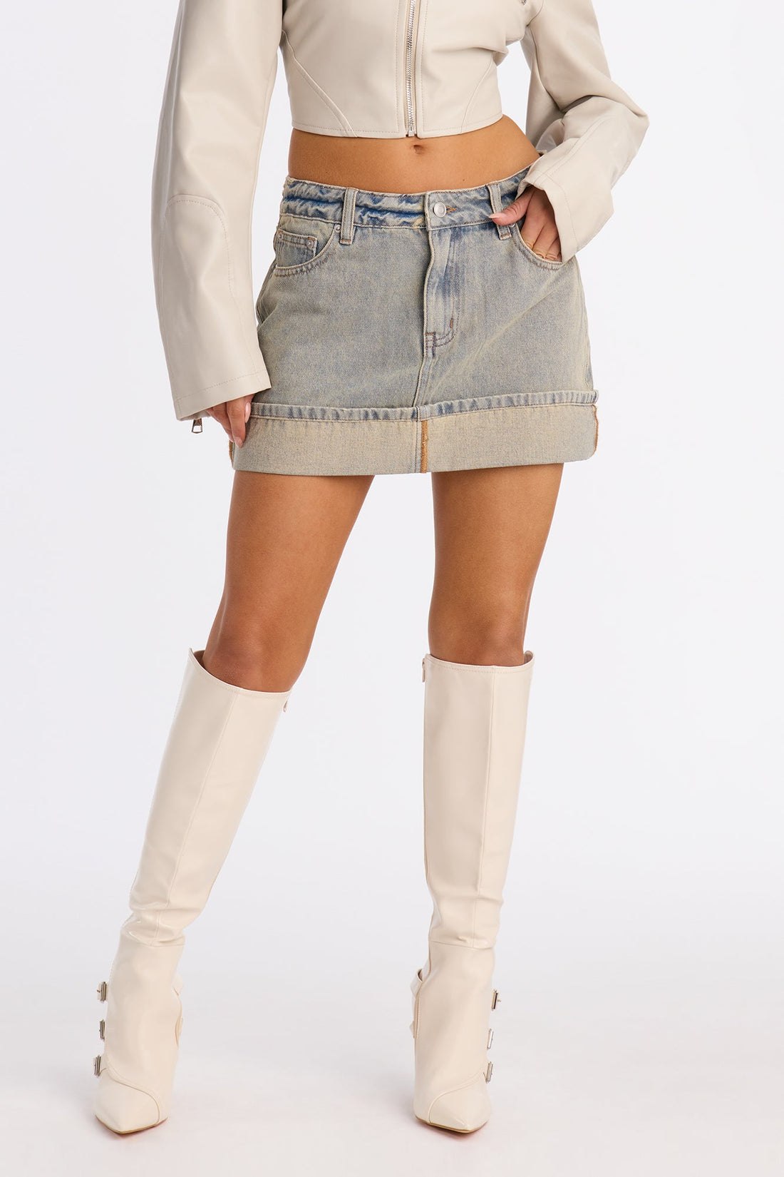 Just Vibing Out Cuffed Hem Denim Mini Skirt - Vintage Wash