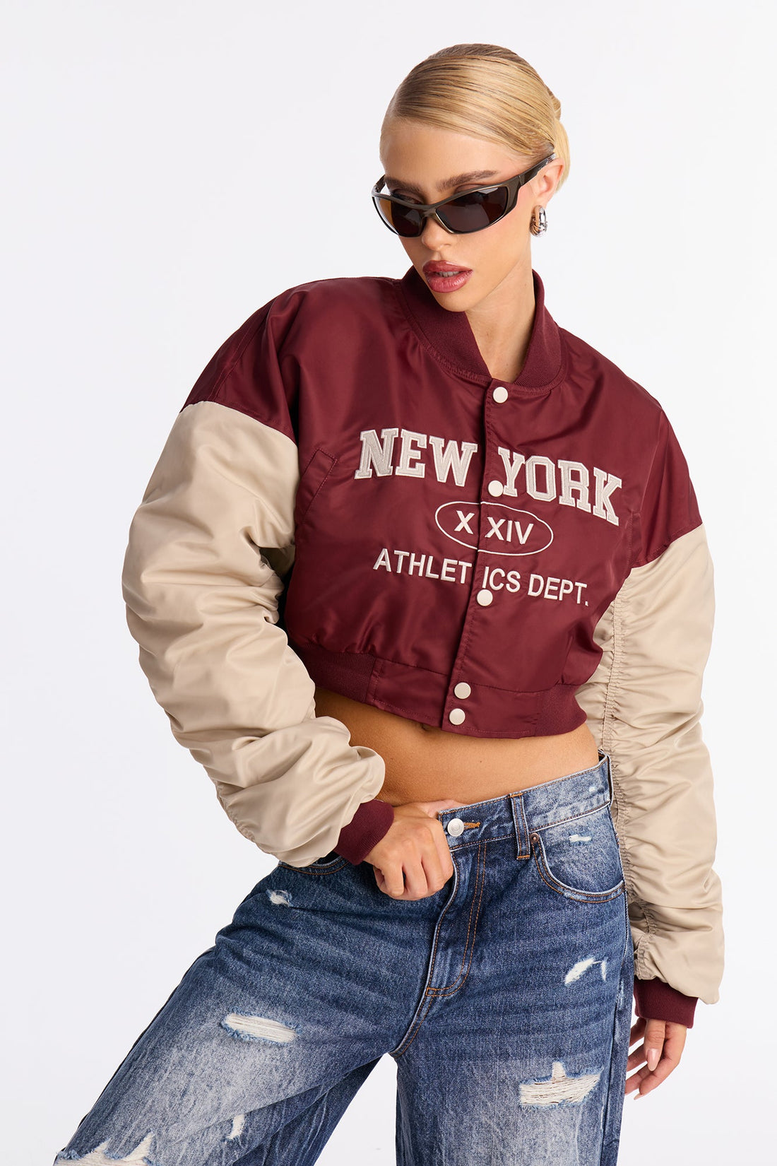 New York Athletics Cropped Ruched Bomber Jacket - Burgundy/combo