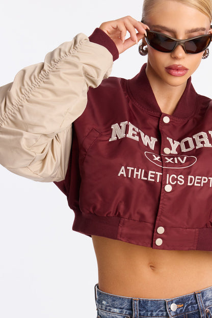 New York Athletics Cropped Ruched Bomber Jacket - Burgundy/combo