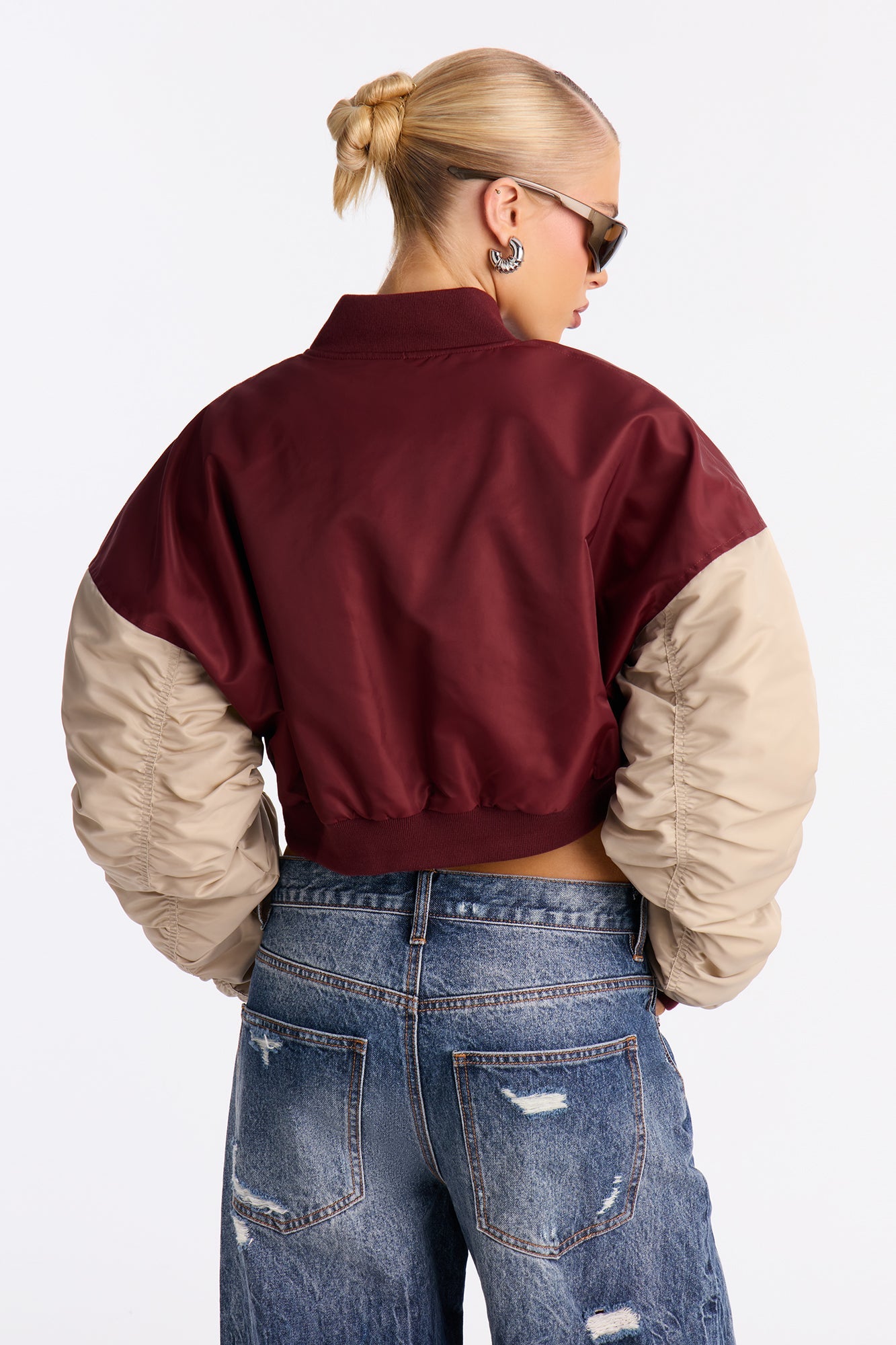 New York Athletics Cropped Ruched Bomber Jacket - Burgundy/combo