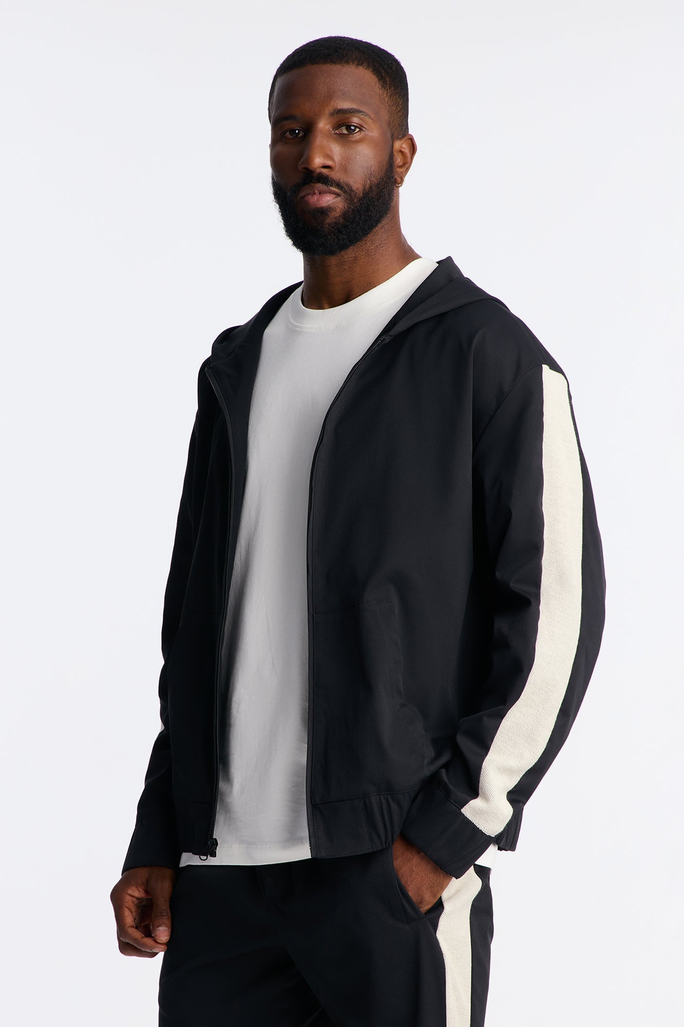 Knit Striped Zip Hooded Jacket - Black