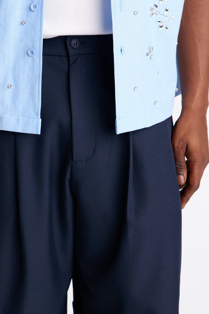 Wide Leg Double Pleated Grammercy Short - Navy