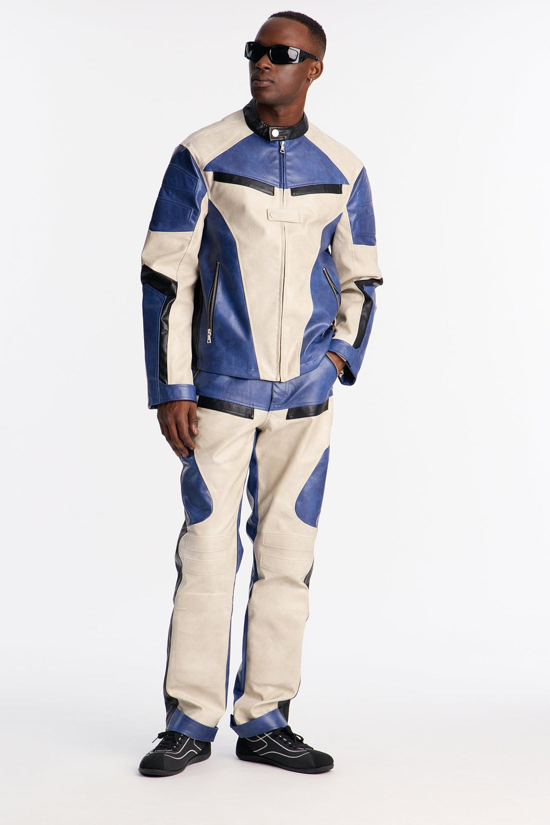 Ignition Paneled Faux Leather Moto Jacket - Blue/combo