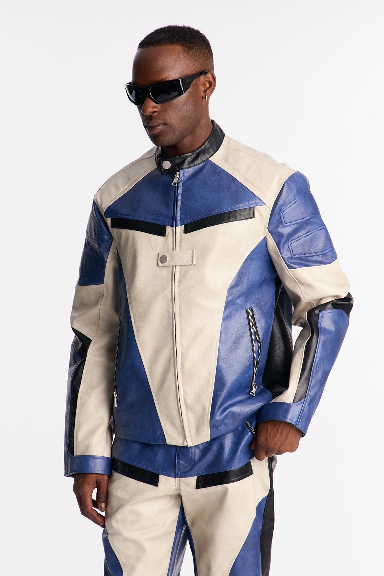Ignition Paneled Faux Leather Moto Jacket - Blue/combo