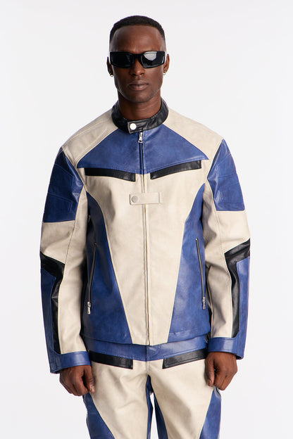 Ignition Paneled Faux Leather Moto Jacket - Blue/combo