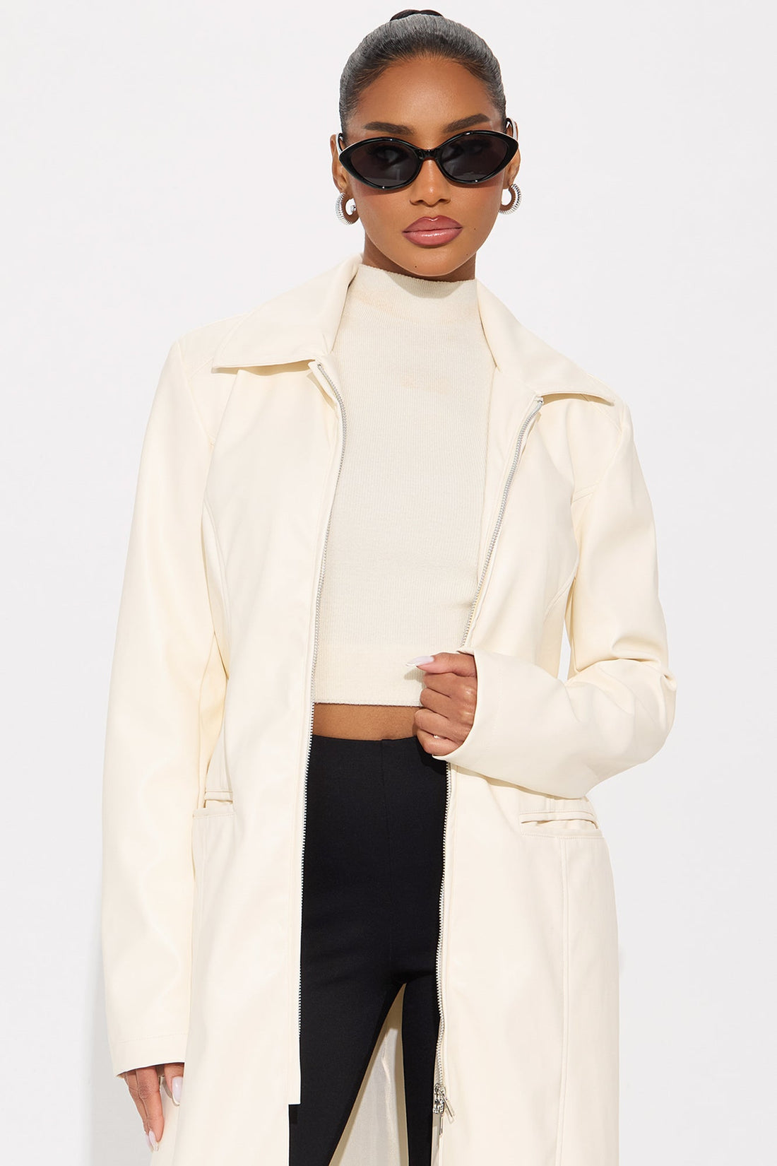 Kennedy Belted Faux Leather Zip Up Coat - Bone