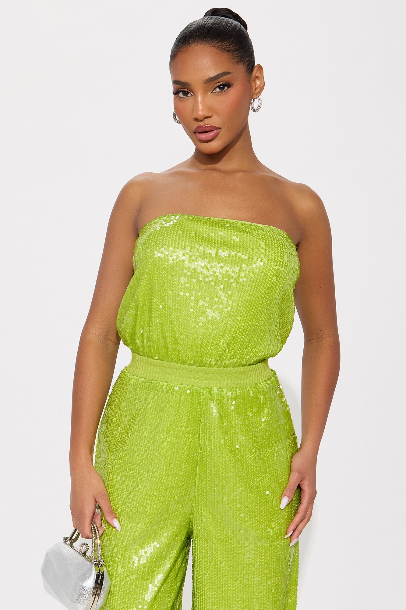 Shiny Nights Sequin Strapless Jumpsuit - Lime