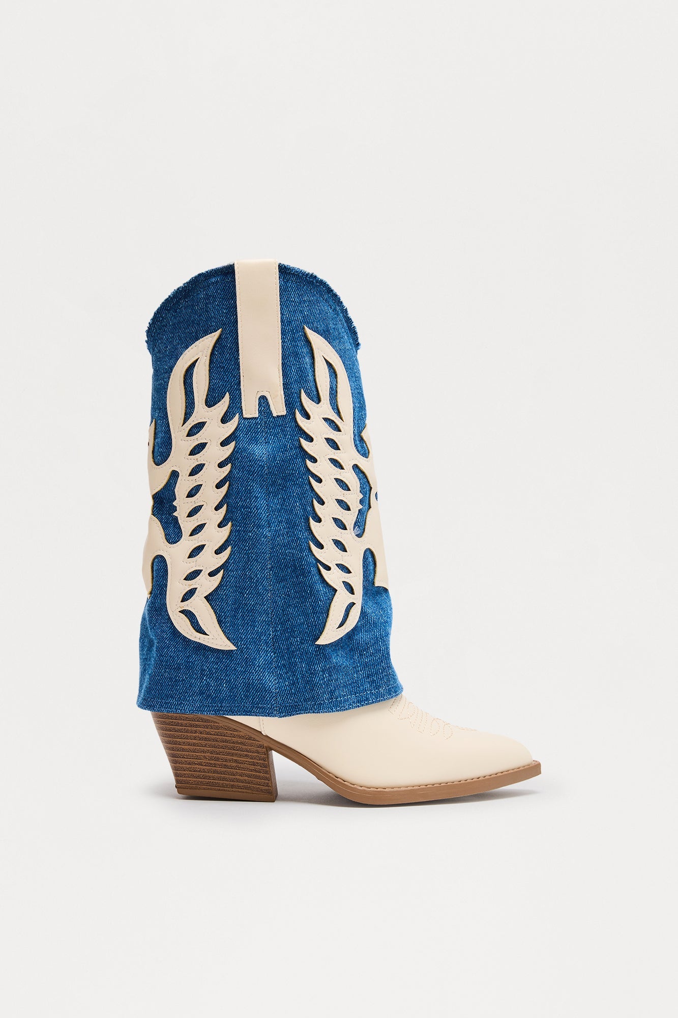 Paso Denim Overlay Cowboy Boots - Ivory