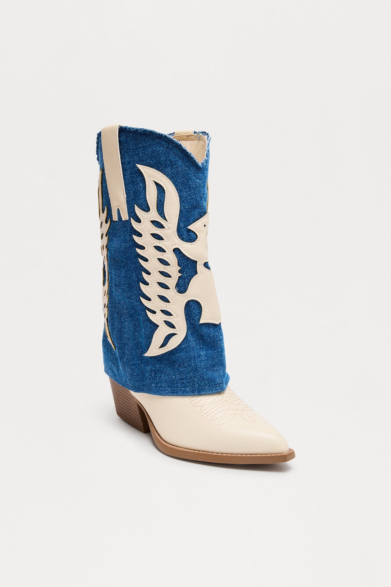 Paso Denim Overlay Cowboy Boots - Ivory