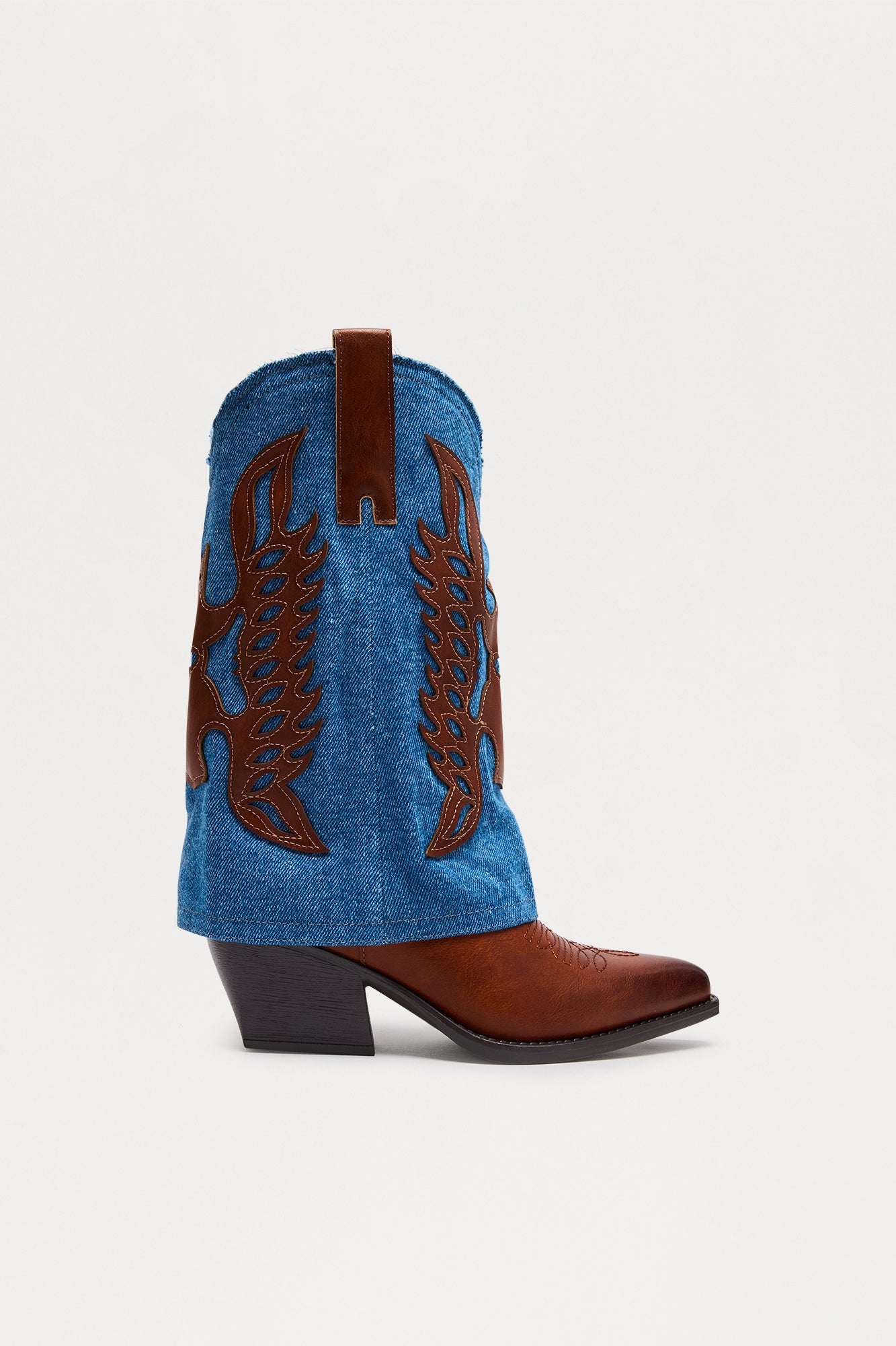 Paso Denim Overlay Cowboy Boots - Cognac
