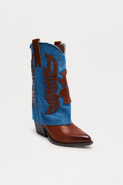 Paso Denim Overlay Cowboy Boots - Cognac