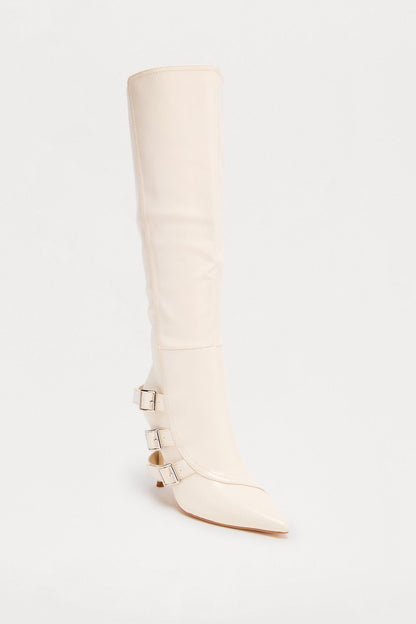 Jaidee Buckle Faux Leather Boots - Off White