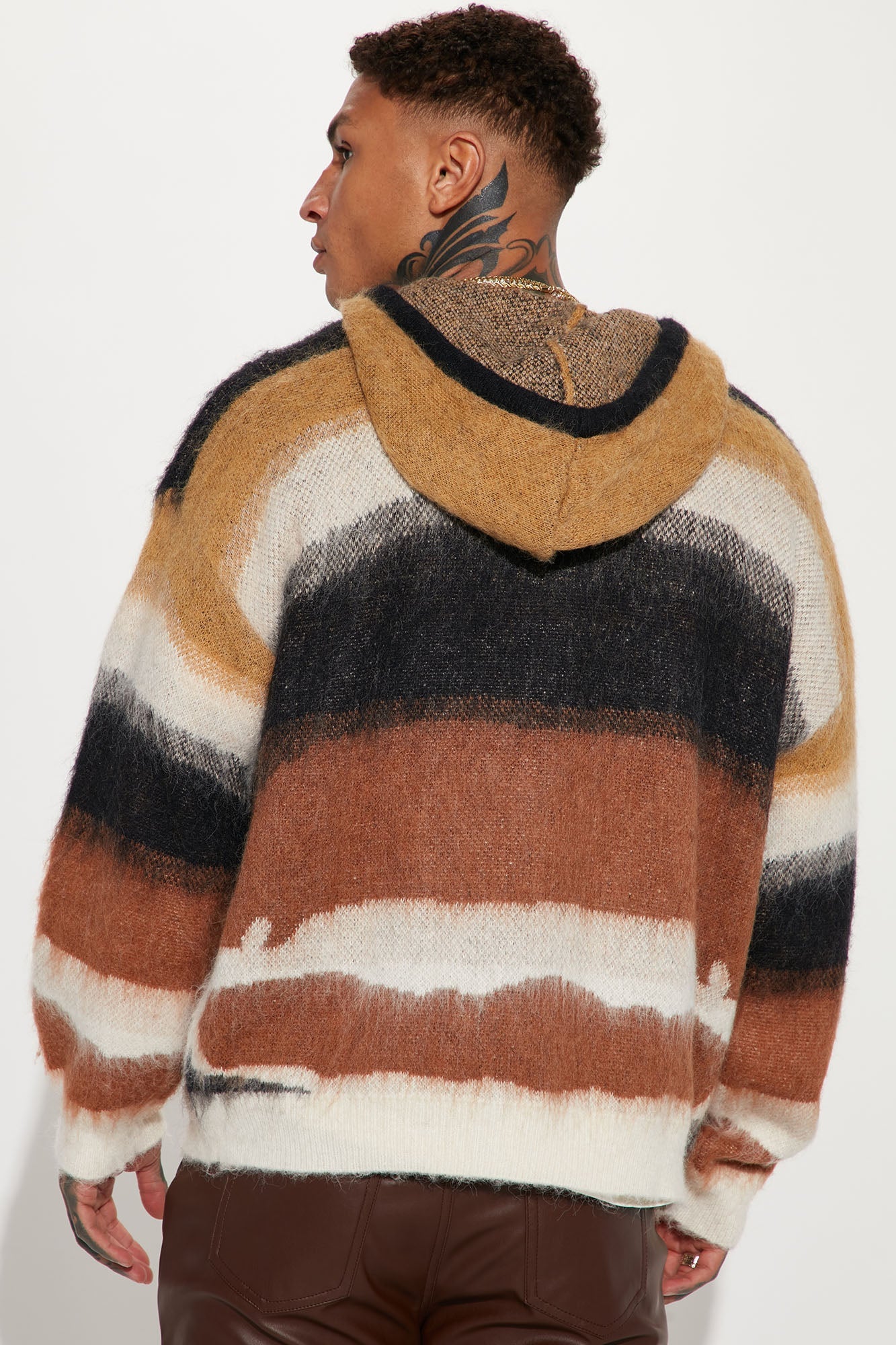 Oversized Striped Wool Hooded Sweater - Black