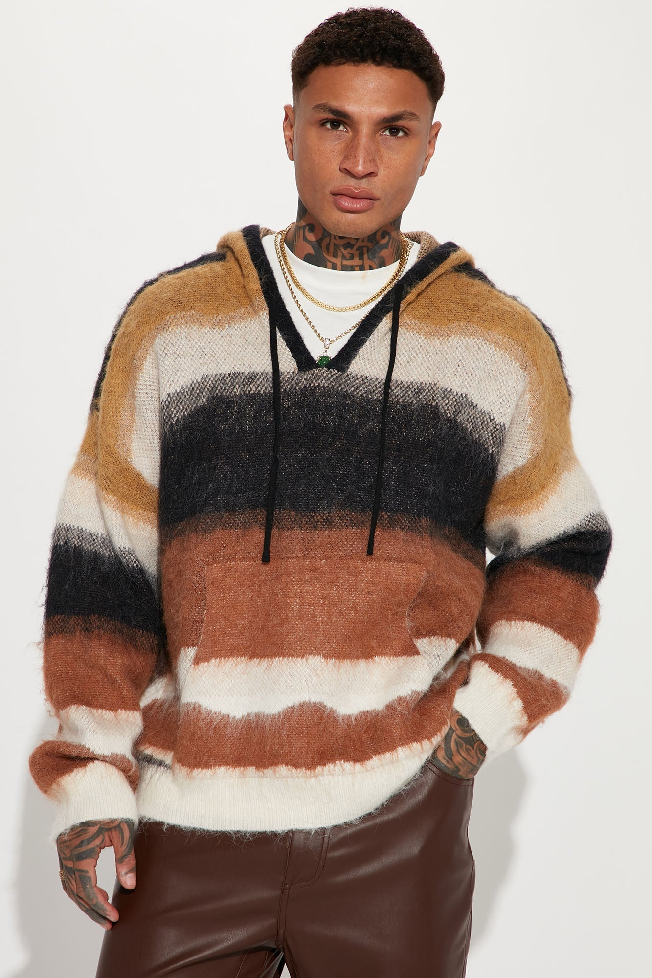 Oversized Striped Wool Hooded Sweater - Black