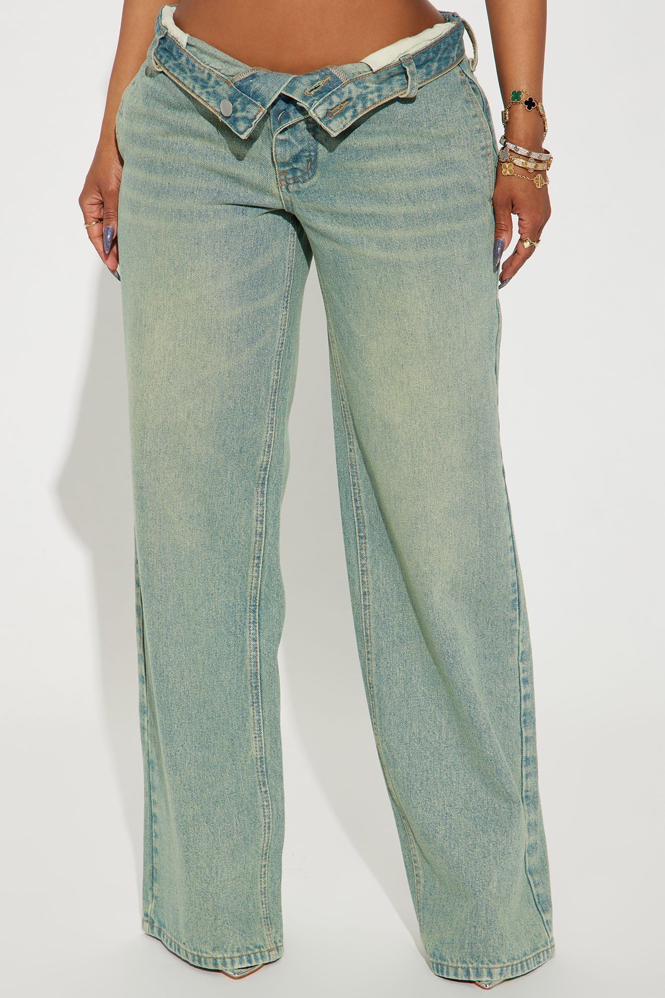 Frankie Foldover Tinted Wide Leg Jeans - Medium Wash