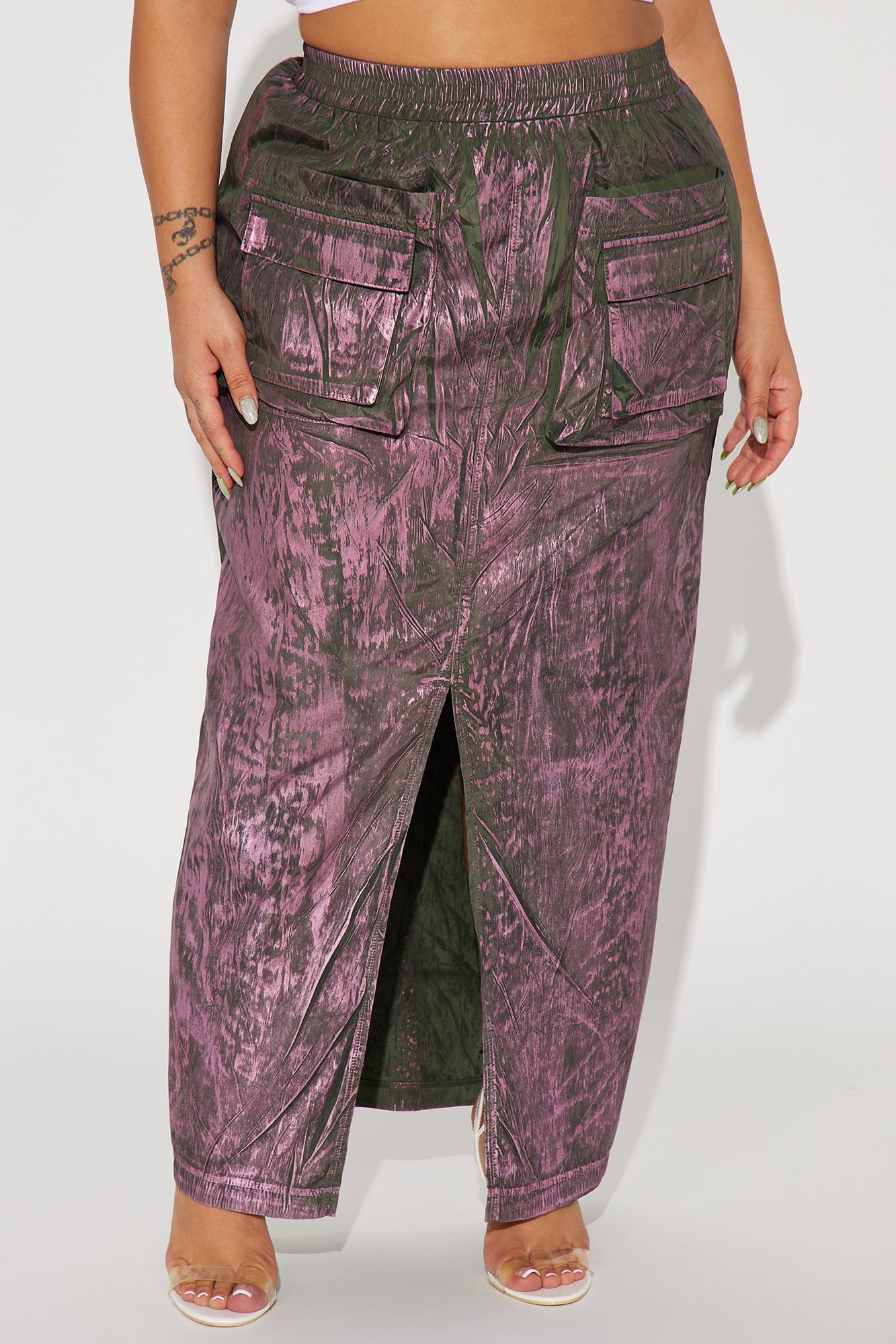 Down And Dirty Metallic Foil Cargo Maxi Skirt - Green