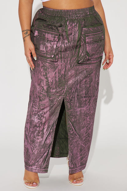 Down And Dirty Metallic Foil Cargo Maxi Skirt - Green