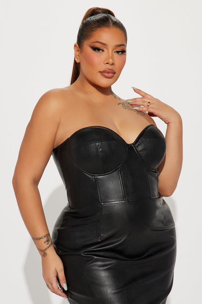 Fall Leaves Faux Leather Midi Dress - Black