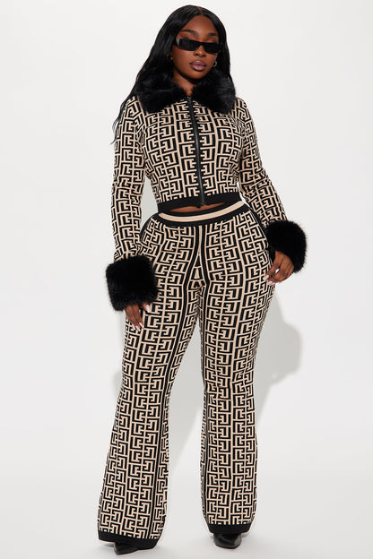 Rich Auntie Faux Fur Trim Sweater Pant Set - Taupe/combo