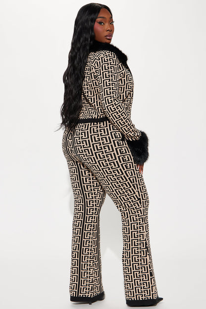 Rich Auntie Faux Fur Trim Sweater Pant Set - Taupe/combo