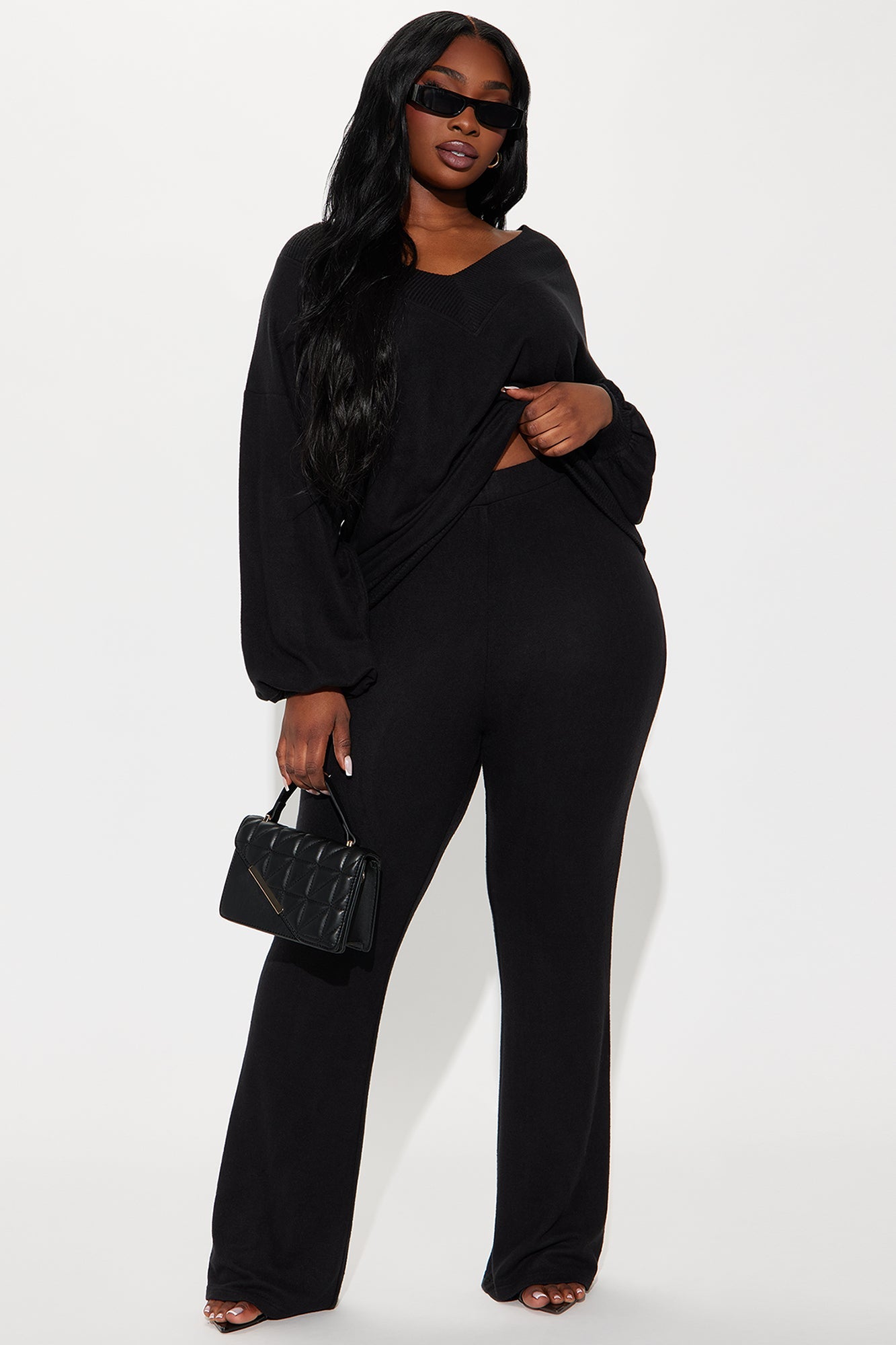 Simple Favor Hacci Flare Leg Pant Set - Black