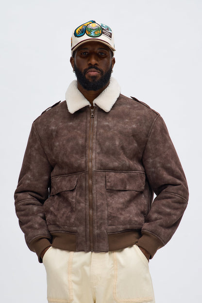 Sherpa Collared Aviator Jacket - Brown