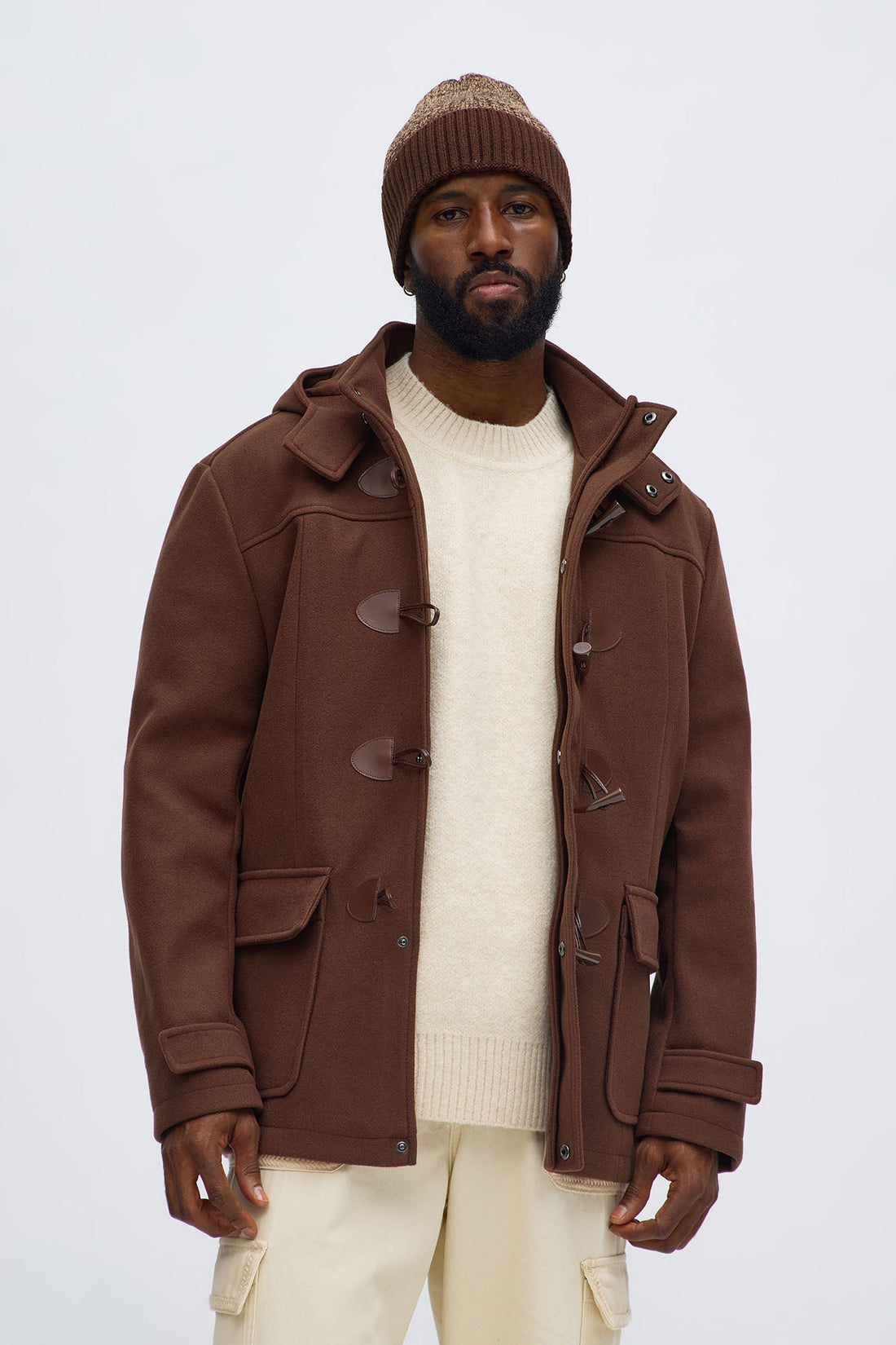 Hooded Faux Wool Rugged Toggle Coat - Brown