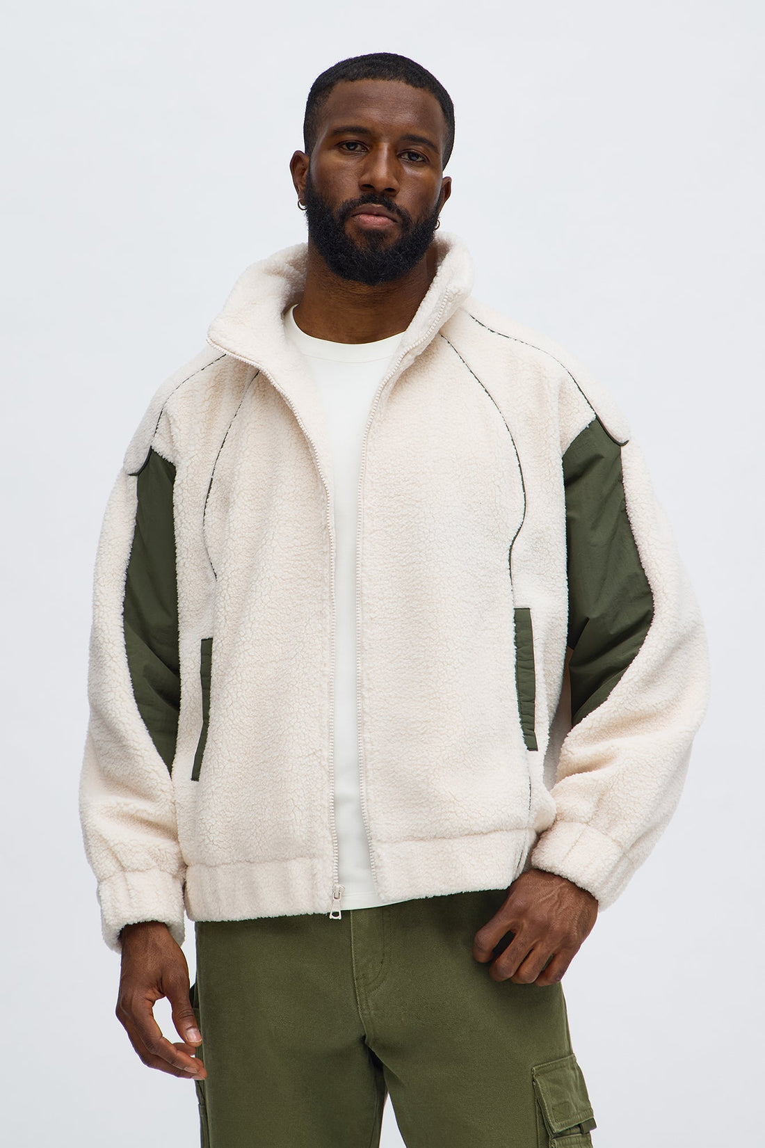 Relaxed Sherpa Paneled Piped Bomber Jacket - Beige