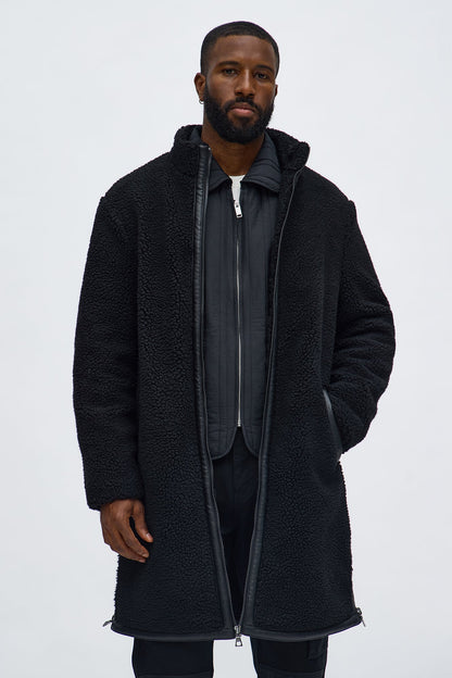 Textured Sherpa Trench Coat - Black
