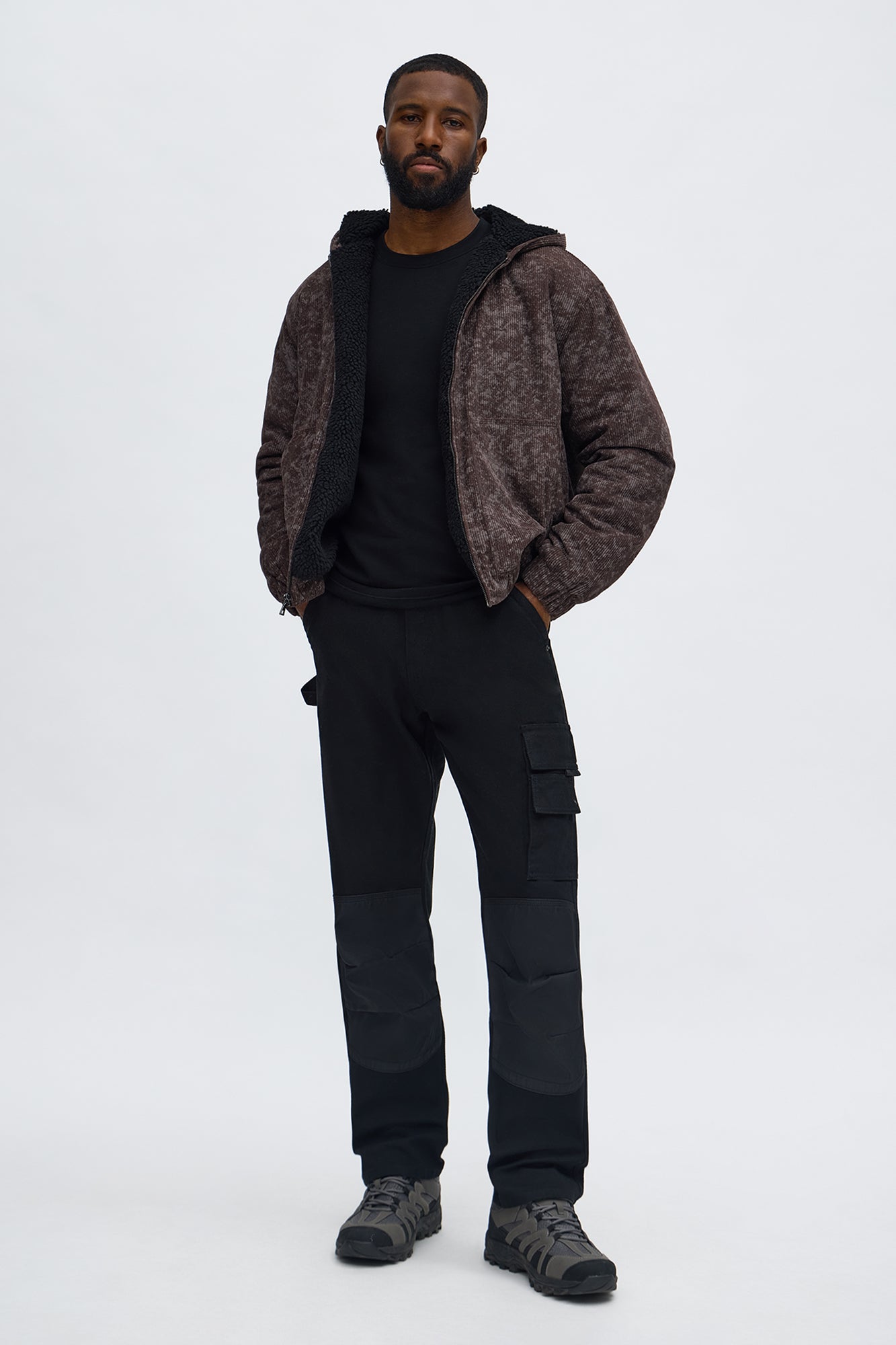 Oversized Corduroy Hooded Bomber Jacket - Brown