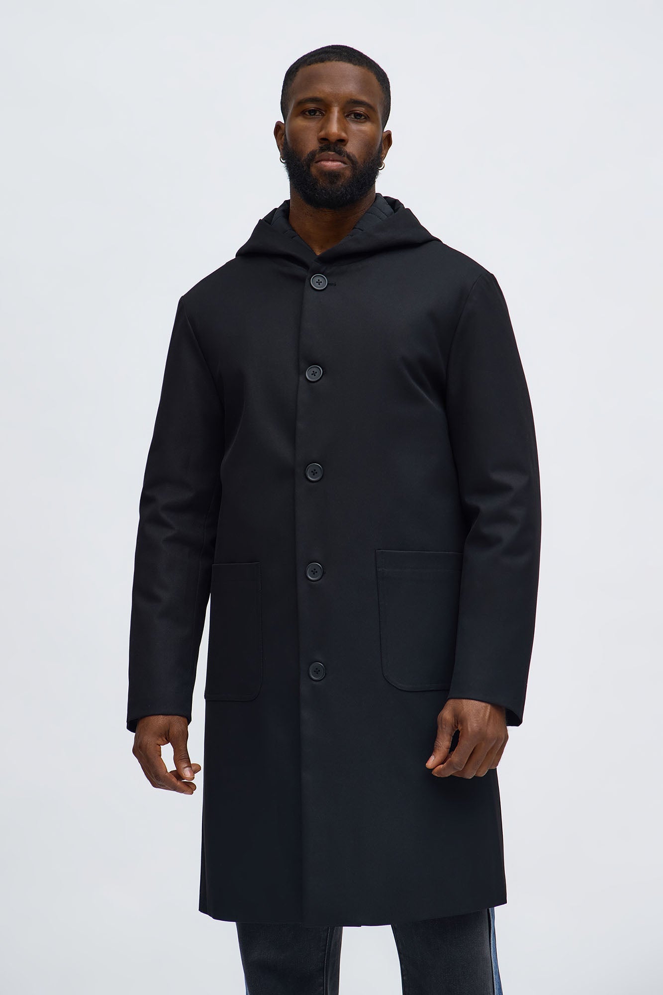 Hooded Ribbed Rain Coat - Black