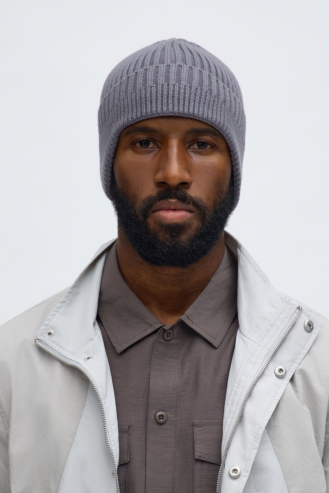 Earflap Ribbed Knit Cuffed Beanie - Grey