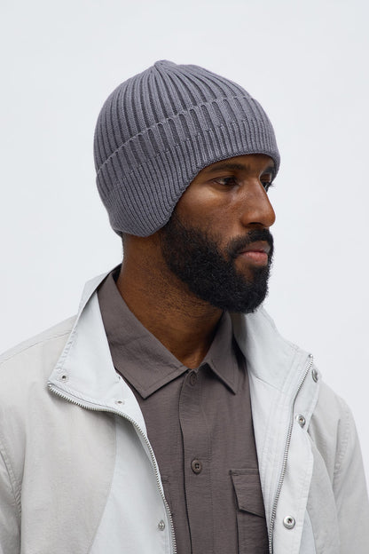 Earflap Ribbed Knit Cuffed Beanie - Grey