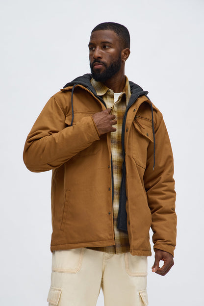 Hooded Rugged Canvas Work Jacket - Brown