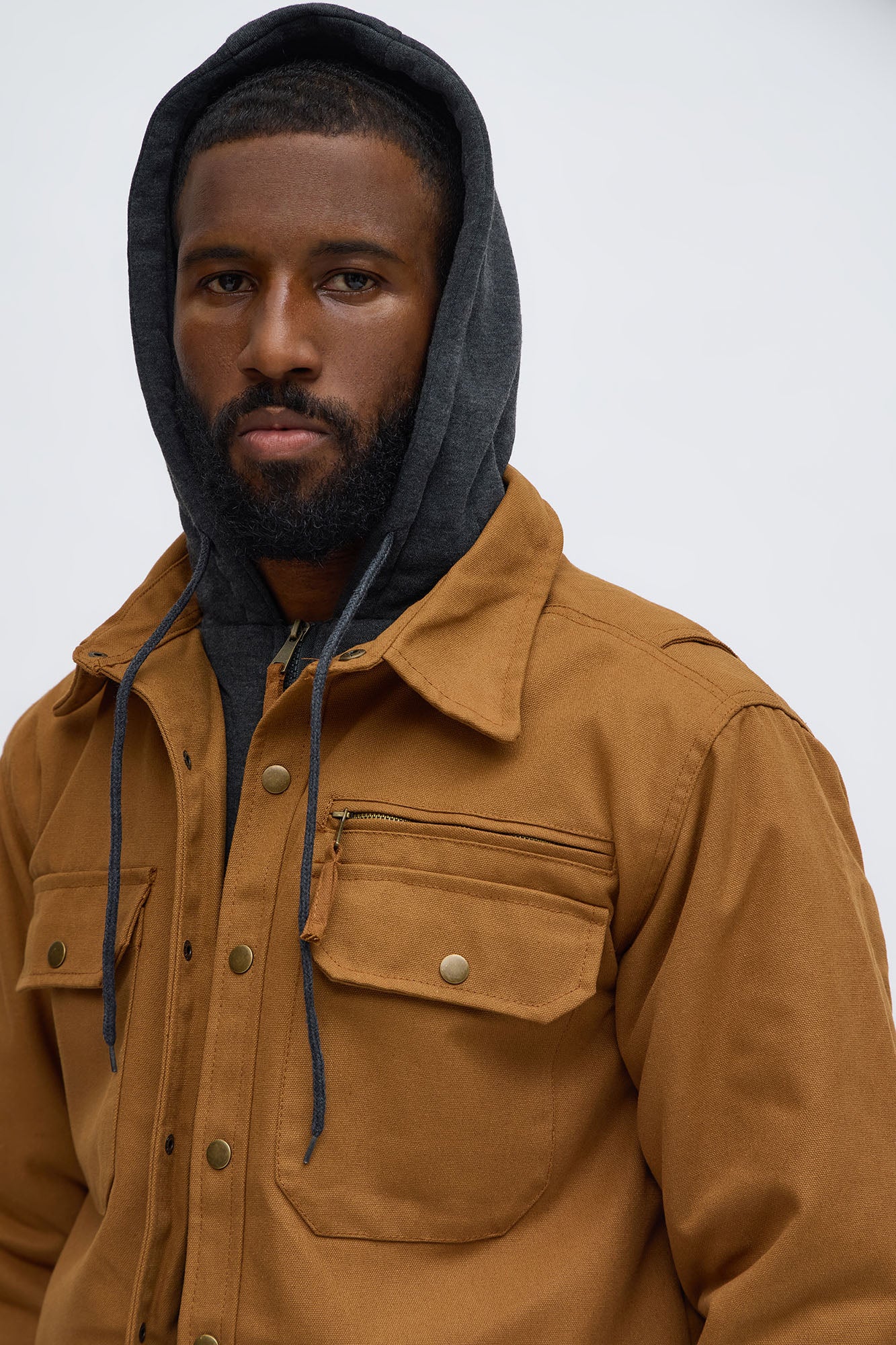 Hooded Rugged Canvas Work Jacket - Brown