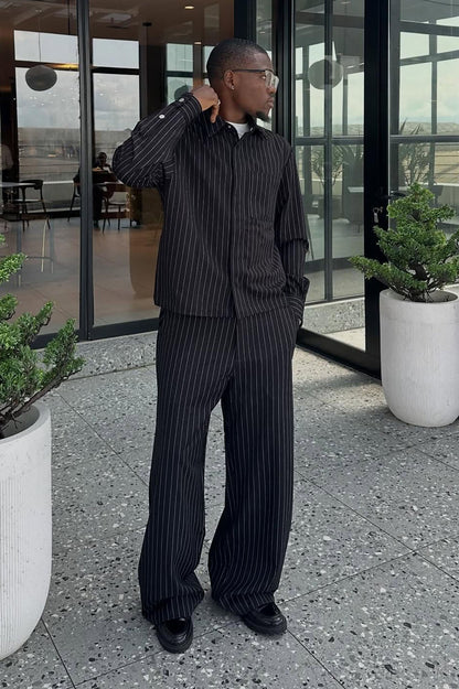 Cropped Striped Button Up Shirt - Black
