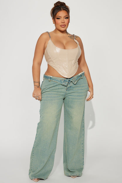 Frankie Foldover Tinted Wide Leg Jeans - Medium Wash
